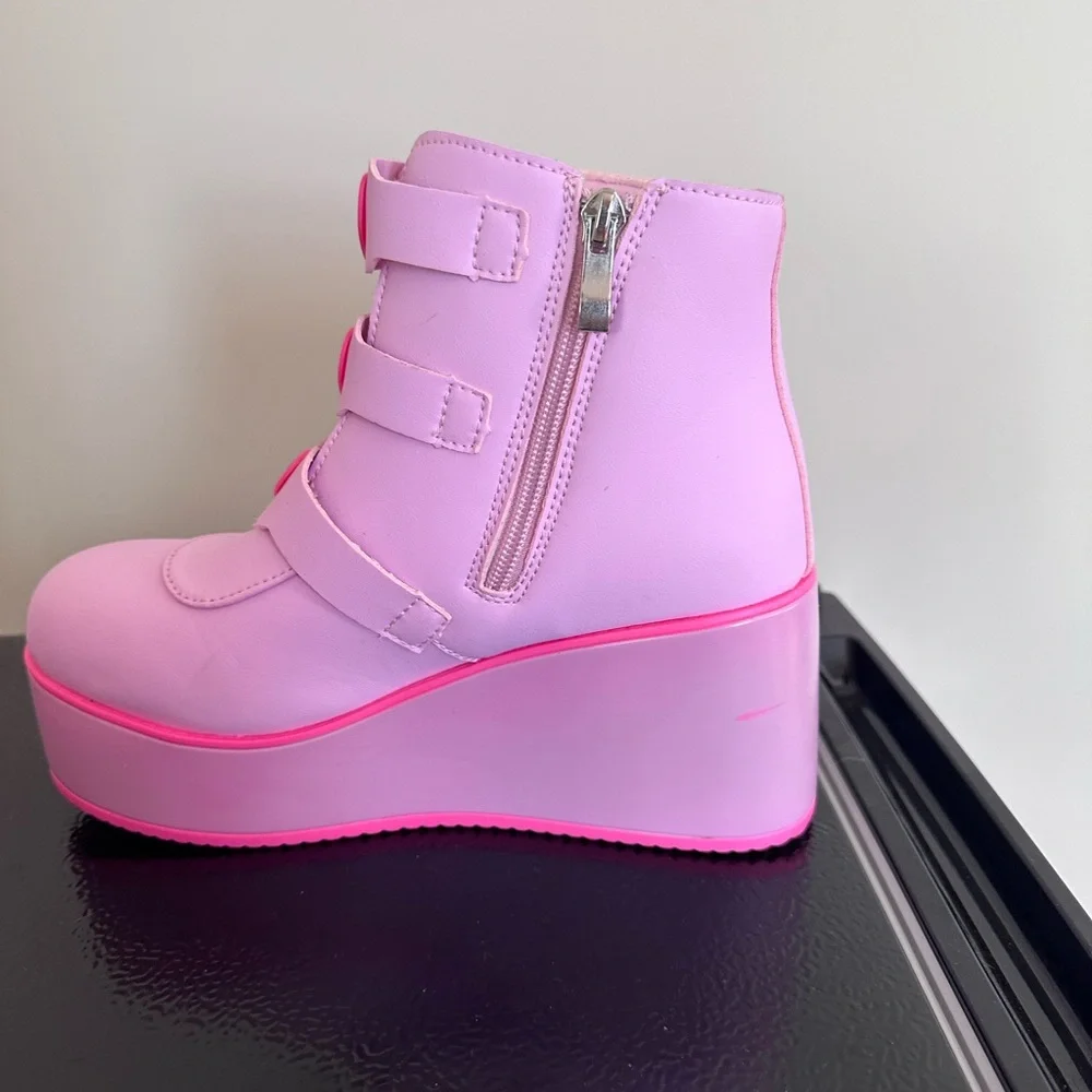 Pink Platform Wedge Ankle Boots with Heart Buckles